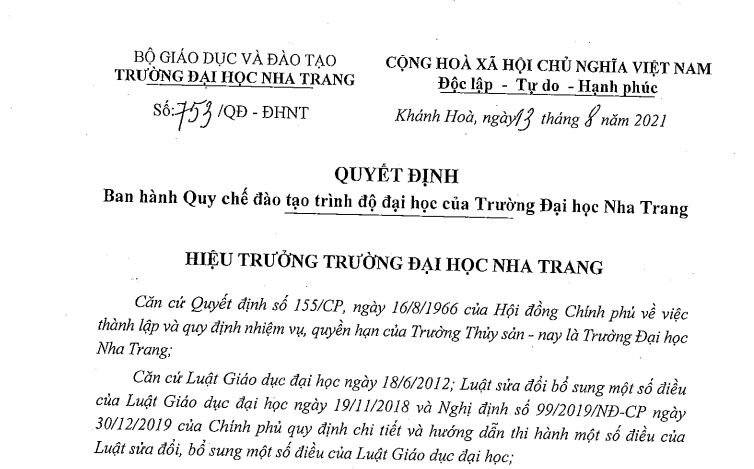 Quy chế đào tạo trình độ đại học của Trường ĐHNT